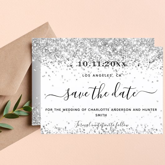 Witte zilveren glitter elegant modern save the date