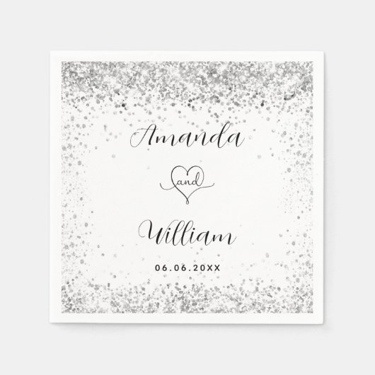 Witte zilveren glitter elegant script bruiloft servet (Voorkant)