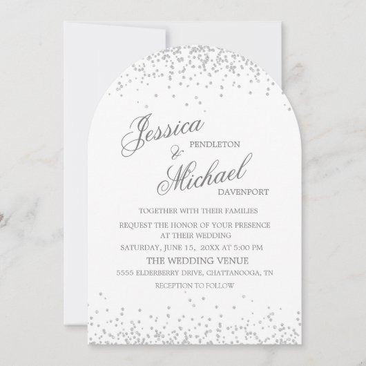 Witte Zilveren Glitter Elegante Script Boog Trouwk Kaart (Voorkant)