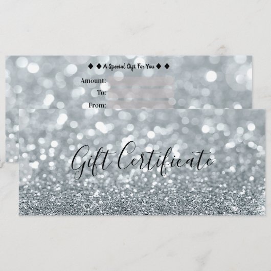 Witte Zilveren Glitter Glam Cadeaubon Kaart (Voorkant / Achterkant)