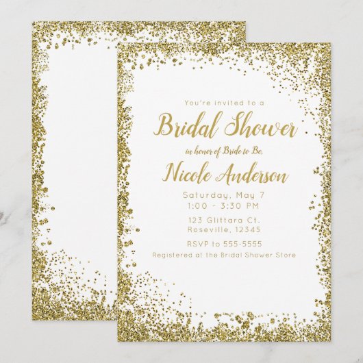 Witte zilveren glitter moderne glam bruidsdouche kaart (Voorkant / Achterkant)