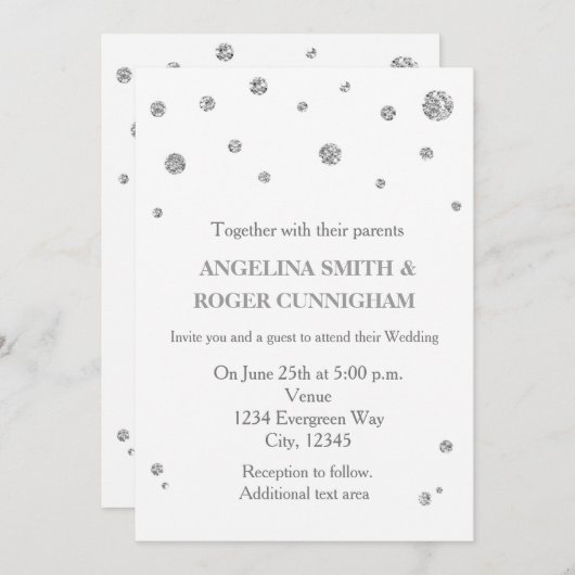Witte & Zilveren Glitter Moderne Huwelijksuitnodig Kaart (Voorkant / Achterkant)