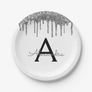 Witte Zilveren Glitter Monogram Verjaardag Papieren Bordje