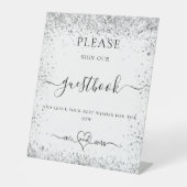 Witte zilveren glitter ondertekent ons trouwgasten reclamebord met voetstuk (Voorkant)