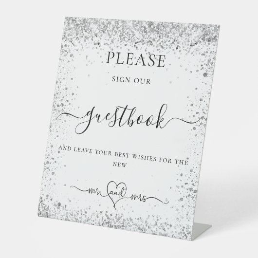 Witte zilveren glitter ondertekent ons trouwgasten reclamebord met voetstuk (Voorkant)