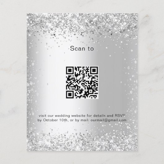 Witte zilveren glitter QR rsvp trouwuitnodiging (Achterkant)