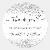Witte zilveren glitter sparkles bedankt bruiloft ronde sticker (Voorkant)