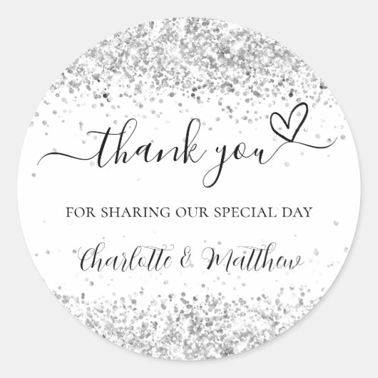 Witte zilveren glitter sparkles bedankt bruiloft ronde sticker (Voorkant)