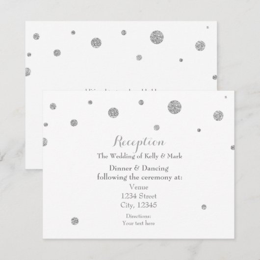 Witte & Zilveren Glitter Stippen Trouw Ontvangstka Informatiekaartje (Voorkant / Achterkant)