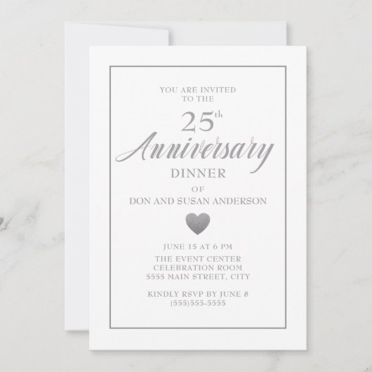Witte Zilveren Hart 25e Huwelijksjubileum Kaart (Voorkant)
