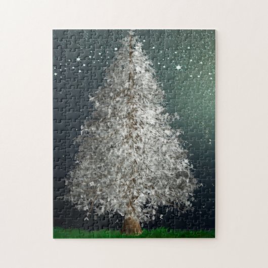 Witte zilveren kerstboom, heldere sterren legpuzzel (Verticaal)