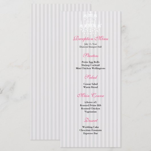 Witte & Zilveren Kroonluchter Gestreepte Receptie Menu (Voorkant / Achterkant)