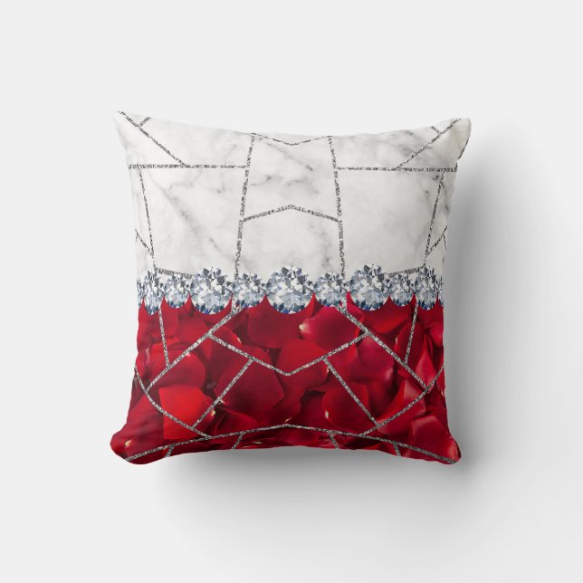 Witte Zilveren Marmer Roos Zwart Glitter Kussen (Voorkant)