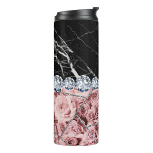 Witte Zilveren Marmer Roze Zwarte Glitters Thermos Thermosbeker