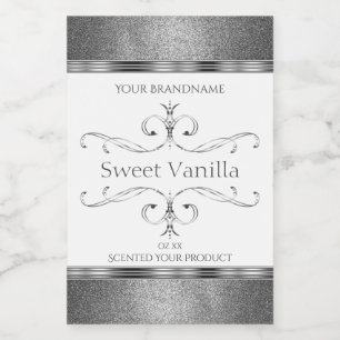 Witte zilveren productlabels glinsterende sierlijk voedselcontainer etiket