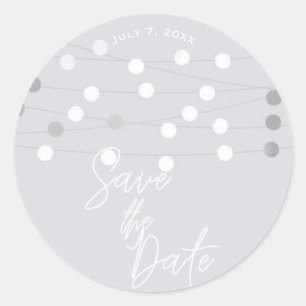 Witte zilveren slingerlichtjes Trouw Save the Date Ronde Sticker