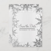 Witte & Zilveren Winter Sneeuwvlokken Save the Dat Aankondigingskaart (Voorkant / Achterkant)