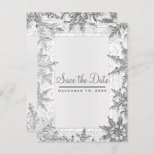 Witte & Zilveren Winter Sneeuwvlokken Save the Dat Aankondigingskaart (Voorkant / Achterkant)
