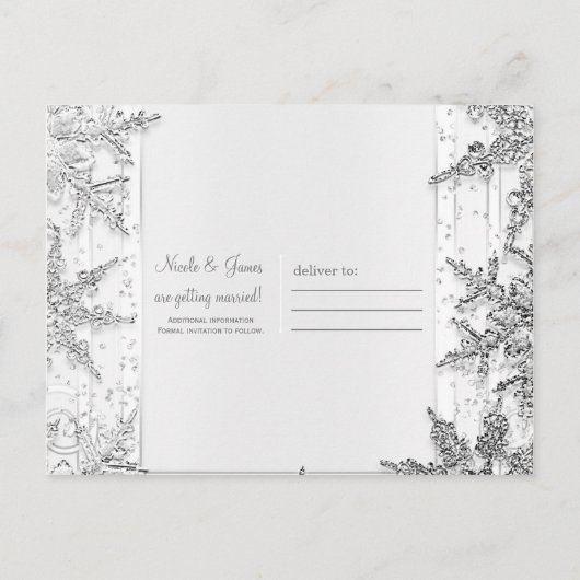 Witte & Zilveren Winter Sneeuwvlokken Save the Dat Aankondigingskaart (Achterkant)