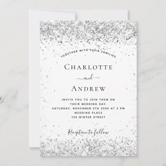 Witte zilverglitter elegant bruiloft kaart (Voorkant)