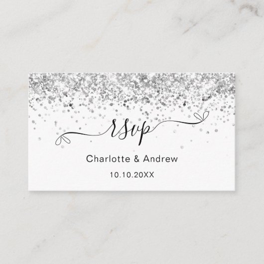 Witte zilverglitter trouwwebsite RSVP QR-code Informatiekaartje (Voorkant)