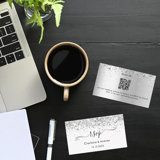 Witte zilverglitter trouwwebsite RSVP QR-code Informatiekaartje