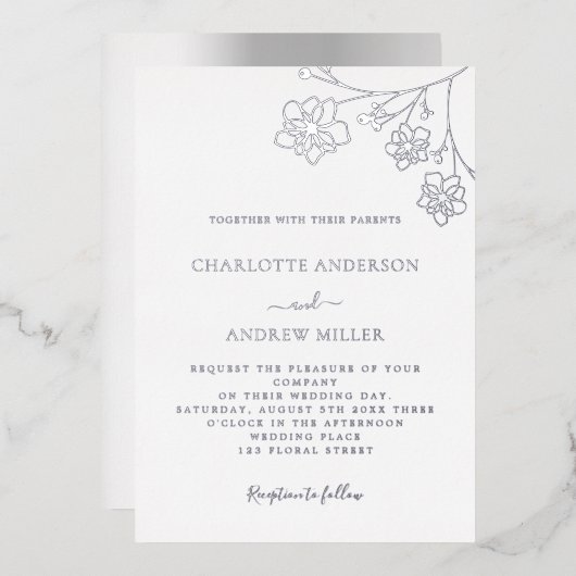 Witte zilverkleurige bruine bruiloft folie uitnodiging (Voorkant / Achterkant)