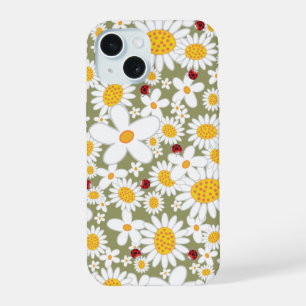 Witte zomer madeliefjes en rode lieveheersbeestjes iPhone 15 hoesje