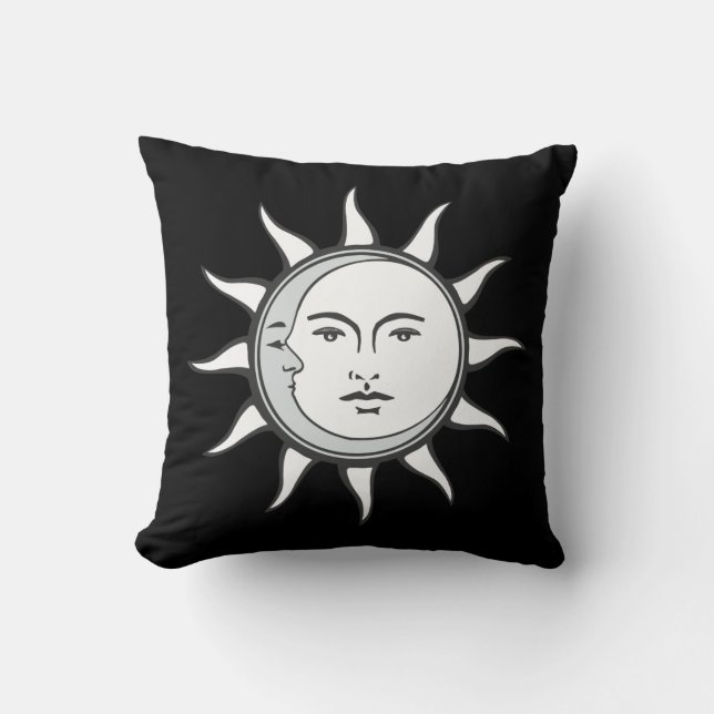 Witte Zon & Zilveren Maan op Zwart Kussen (Voorkant)