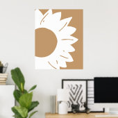 Witte zonnebloem op bruine abstracte wandkunst poster (Thuiskantoor)