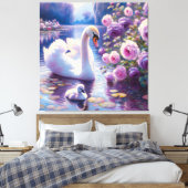 Witte Zwaan en Cygnet met Paarse Rozen Canvas Afdruk (Insitu (Slaapkamer))