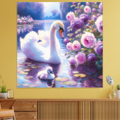 Witte Zwaan en Cygnet met Paarse Rozen Canvas Afdruk (Insitu (Woonkamer))