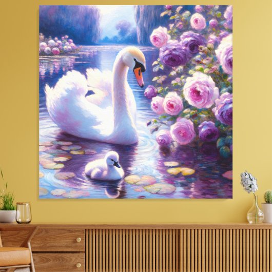 Witte Zwaan en Cygnet met Paarse Rozen Canvas Afdruk (Insitu (Woonkamer))