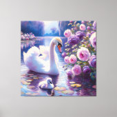 Witte Zwaan en Cygnet met Paarse Rozen Canvas Afdruk (Voorkant)
