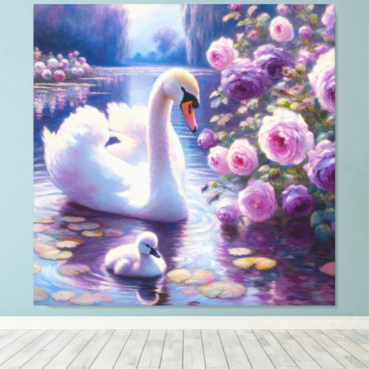 Witte Zwaan en Cygnet met Paarse Rozen Canvas Afdruk (Insitu (Houten vloer))