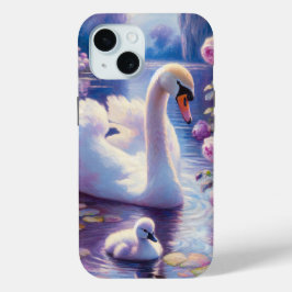 Witte Zwaan en Cygnet met Paarse Rozen iPhone 15 Case