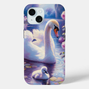 Witte Zwaan en Cygnet met Paarse Rozen iPhone 15 Case