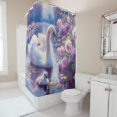 Witte Zwaan en Cygnet met Paarse Rozen Douchegordijn (In situ)