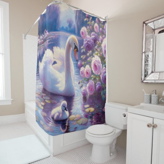 Witte Zwaan en Cygnet met Paarse Rozen Douchegordijn (In situ)