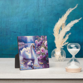 Witte Zwaan en Cygnet met Paarse Rozen Fotoplaat