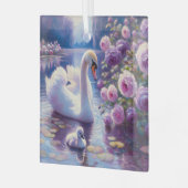 Witte Zwaan en Cygnet met Paarse Rozen Glas Ornament (Voorkant links)