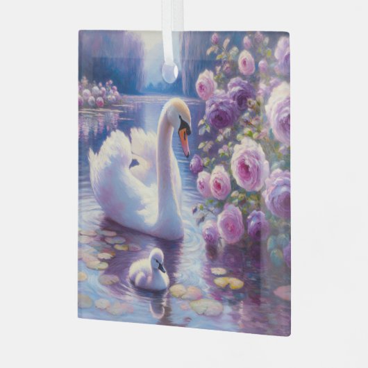 Witte Zwaan en Cygnet met Paarse Rozen Glas Ornament (Voorkant links)