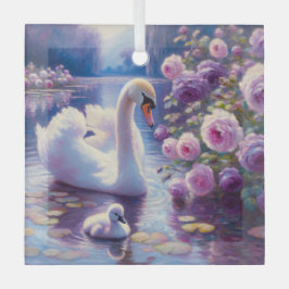 Witte Zwaan en Cygnet met Paarse Rozen Glas Ornament