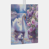 Witte Zwaan en Cygnet met Paarse Rozen Glas Ornament (Voorkant Rechts)