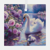 Witte Zwaan en Cygnet met Paarse Rozen Glas Ornament (Achterkant)