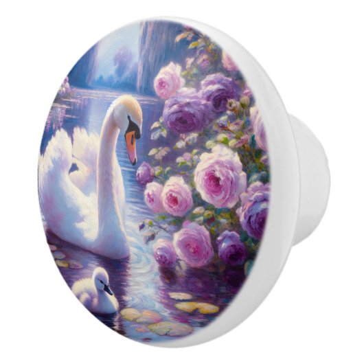 Witte Zwaan en Cygnet met Paarse Rozen Keramische Knop (Rechts)