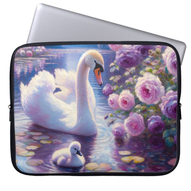 Witte Zwaan en Cygnet met Paarse Rozen Laptop Sleeve (Voorkant)