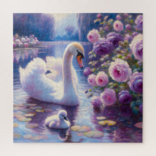 Witte Zwaan en Cygnet met Paarse Rozen Legpuzzel