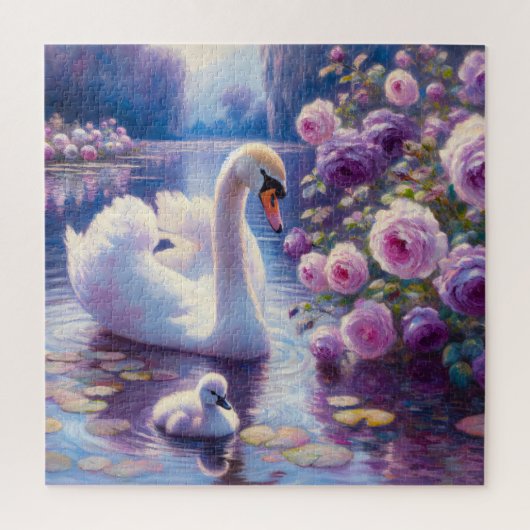 Witte Zwaan en Cygnet met Paarse Rozen Legpuzzel (Verticaal)