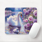 Witte Zwaan en Cygnet met Paarse Rozen Muismat (Met muis)